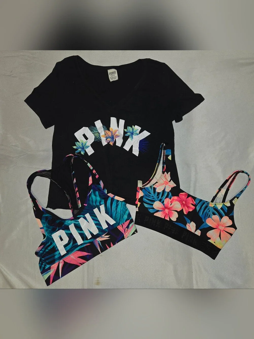PINK Victoria's Secret Black Tee with Tropical Floral Bralettes Sz XS & M